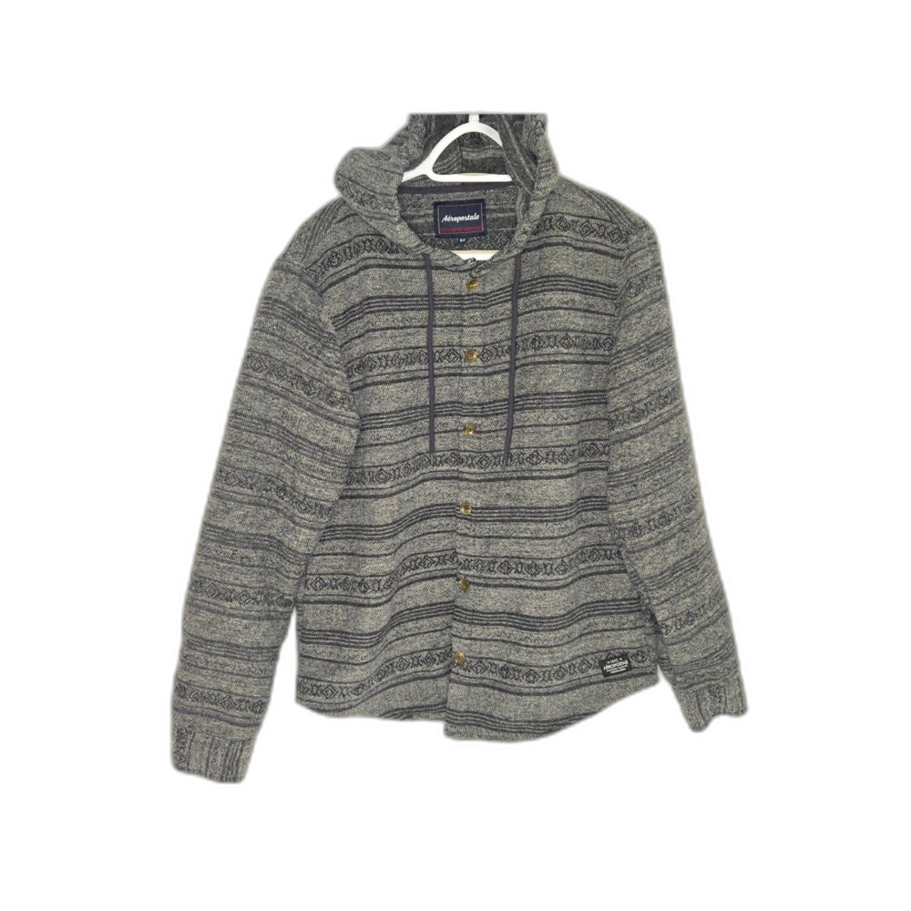 Aéropostale Button Front Hooded Sweater Men’s M Gray Stripe Pattern - Picture 1 of 9